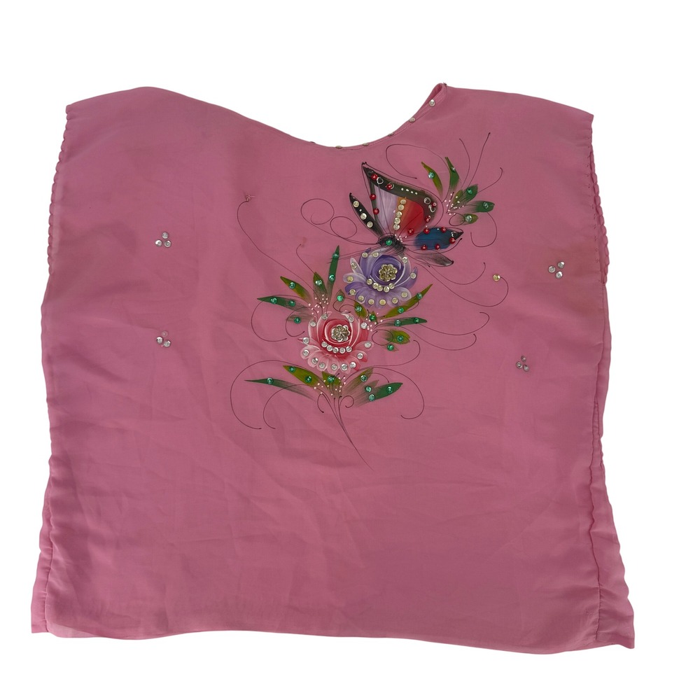 Hand Painted Pink Butterfly Floral Rhinestone Sheer Sleeveless Blouse Top